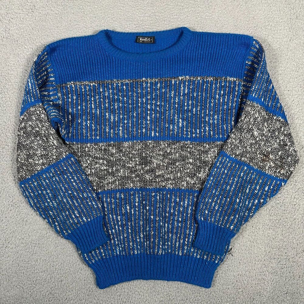 Vtg Van Cort‎ Sweater Adult Medium Blue Striped Pullover Acrylic Grandpa Knit